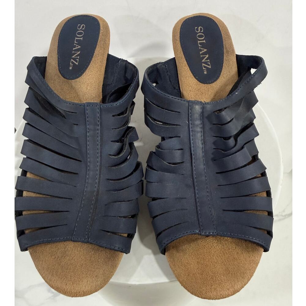 Wedge Sandals Laser Cut Cage Comfort Slip On Mule Navy Blue Solanz Women's 7-7.5